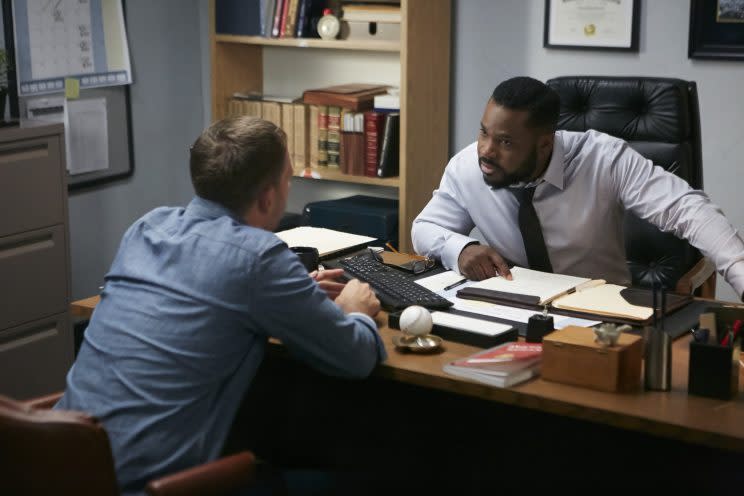 Mike (Patrick J. Adams) and Julius (Warner) have a chat (USA)