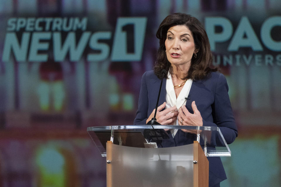 Incumbent Democratic Gov. Kathy Hochul participates in a debate against Republican challenger U.S. Rep. Lee Zeldin hosted by Spectrum News NY1, Tuesday, Oct. 25, 2022, at Pace University in New York. (AP Photo/Mary Altaffer, Pool)