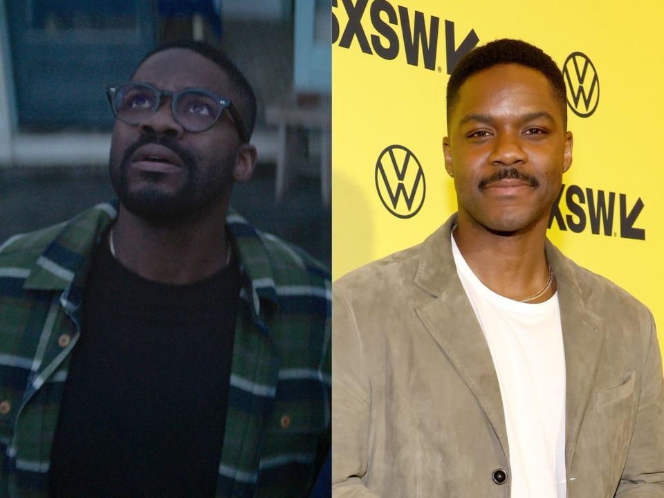 left: saul durand in 3 body problem, wearing thick rimmed glasses and a green flannel; right: jovan adepo at south by southwest, wearing a light brown jacket, with a mustache, and smiling slightly