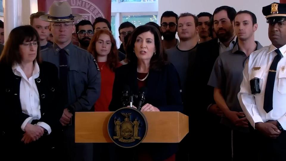 New York Governor Kathy Hochul is standing by Jewish students at Cornell University after antisemitic threats were posted on a school forum.