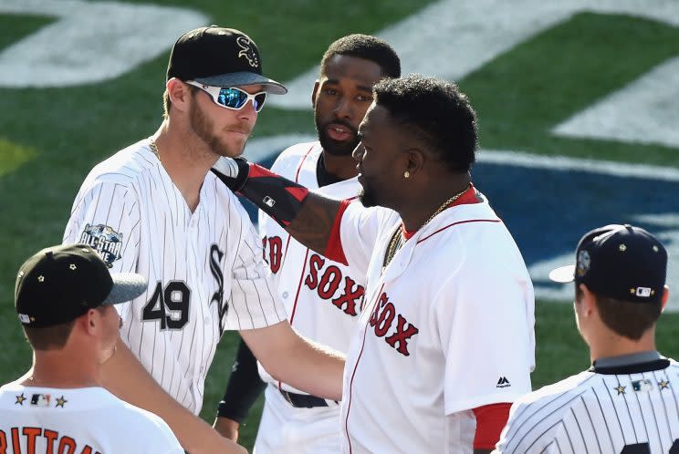 David Ortiz #34 of the Boston Red Sox talks with Chris Sale #49 of the Chicago White Sox during the 87th Annual MLB All-Star Game. (Photo by Denis Poroy/Getty Images)