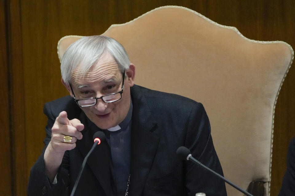 Cardinal Matteo Zuppi delivers his address opening the works of the 77th General Assembly of the Italian Bishops Conference at the Vatican, Tuesday, May 23, 2023. (AP Photo/Gregorio Borgia)