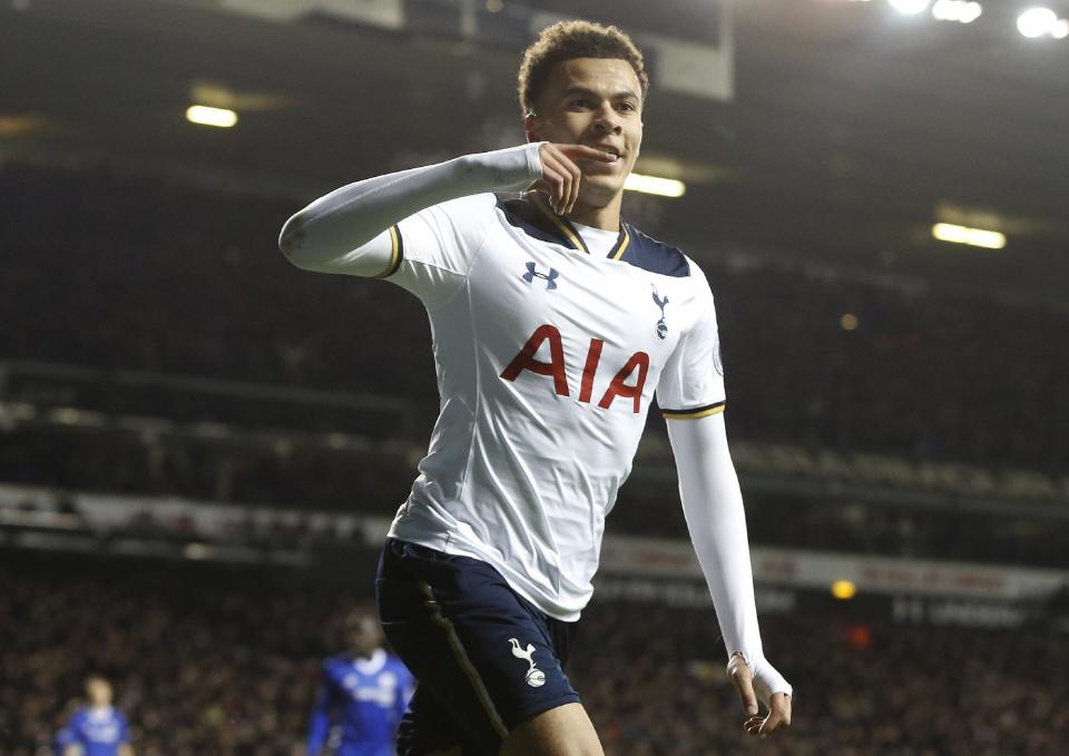 <p>Tottenham’s Dele Alli celebrates scoring a goal during the English Premier League soccer match between Tottenham Hotspur and Chelsea at White Hart Lane stadium in London, Wednesday, Jan. 4, 2017. (AP Photo/Alastair Grant) </p>