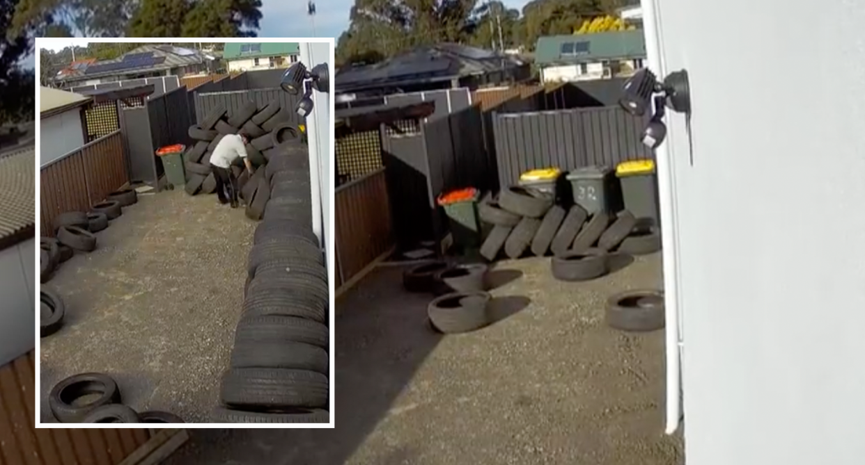 Two stills are seen showing the drive way gradually be filled up with tyres. 