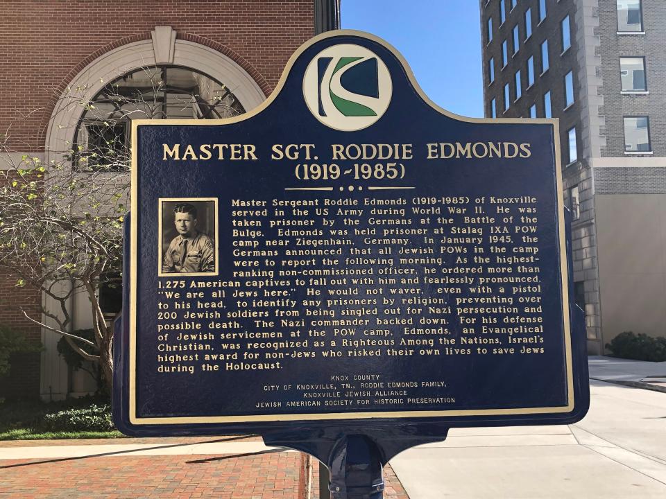 This marker in downtown Knoxville commemorates Master Sgt. Roddie Edmonds, who helped save Jewish American soldiers in World War II.