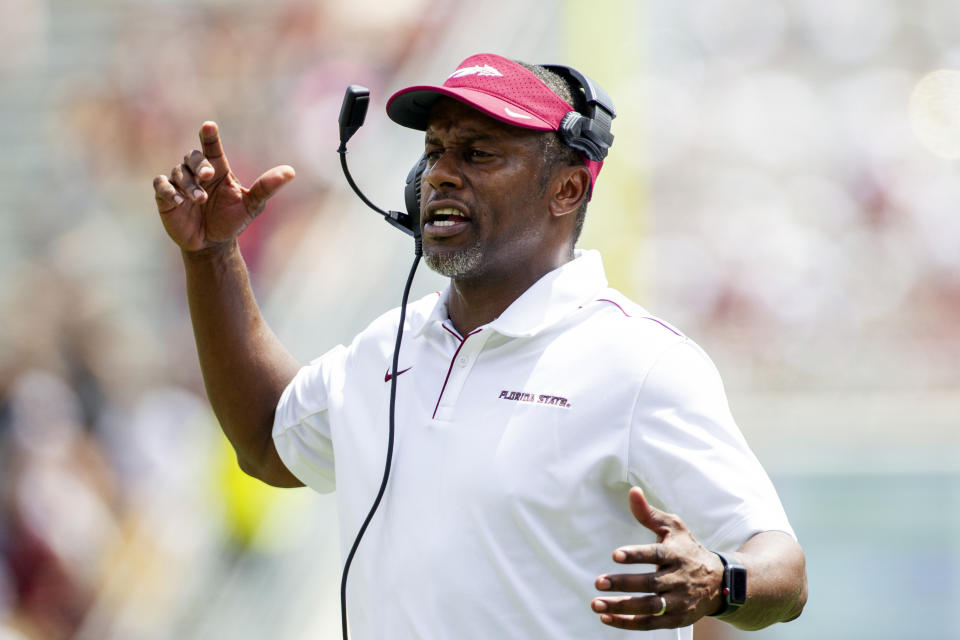 Florida State head coach Willie Taggart reacts during the first half of an NCAA college football game against Boise State in Tallahassee, Fla., Saturday, Aug. 31, 2019. (AP Photo/Mark Wallheiser)