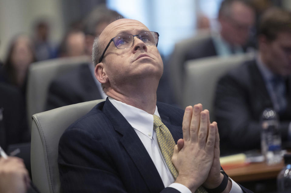 Marc Elias, an attorney for Democratic congressional candidate Dan McCready, questions a witness during the third day of a public evidentiary hearing on the 9th Congressional District voting irregularities investigation, Wednesday, Feb. 20, 2019, at the North Carolina State Bar in Raleigh, N.C. (Travis Long/The News & Observer via AP)