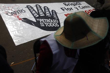 A demonstrator sits next to a banner at the perimeter of the Congress building during a demonstration against the energy reform bill in Mexico City December 11, 2013. REUTERS/Edgard Garrido