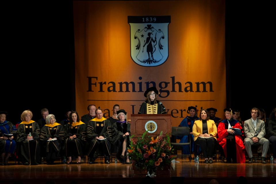 Nancy Niemi gives the inaugural address as the 17th president of Framingham State University, May 5, 2023.