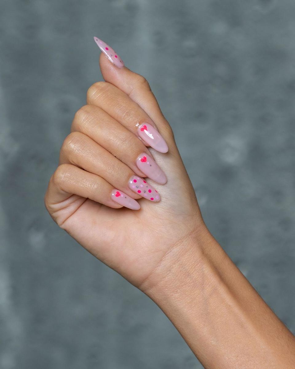 valentines day nail ideas pastel pink with neon hearts polka dots