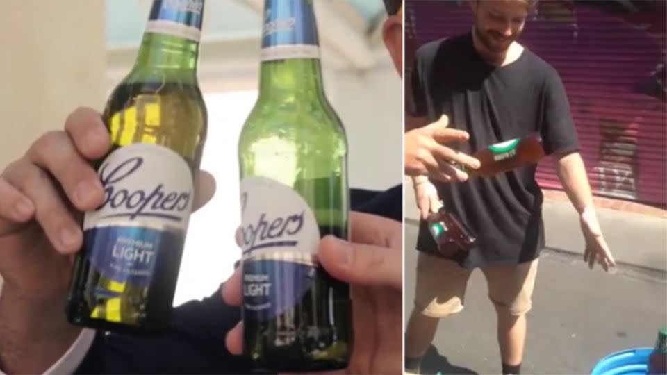 L: The beer featured in the video R: Sircuit General Manager Chris throwing out Coopers in response.
