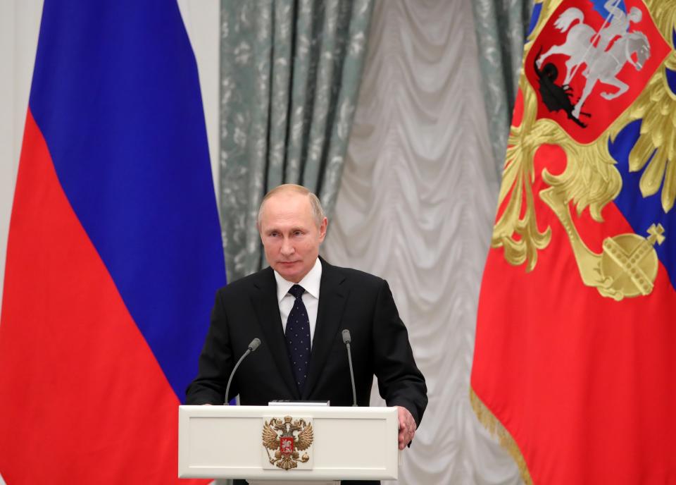 Russian President Vladimir Putin delivers his speech at the State Awards ceremony in the Kremlin in Moscow, Russia, Thursday, Nov. 21, 2019. (Alexei Druzhinin, Sputnik, Kremlin Pool Photo via AP)