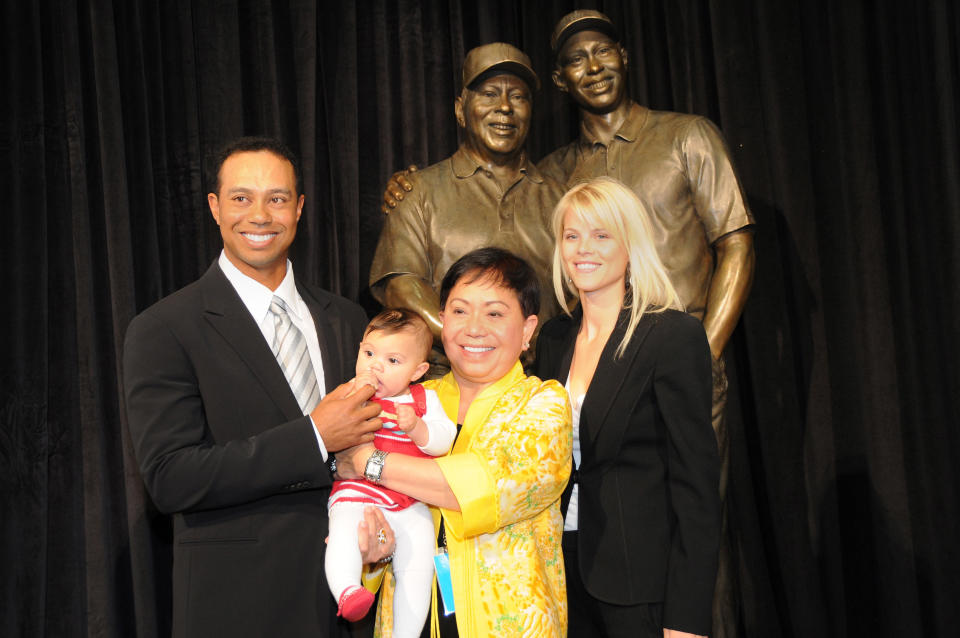 &nbsp;Tiger Woods, Sam Alexis, Kultida Woods and Elin Nordegren at the dedication of the statue honoring his father Earl Woods at the Tiger Woods Learning Center on January 21, 2008 in Anaheim, California. (Photo by Lester Cohen/WireImage)