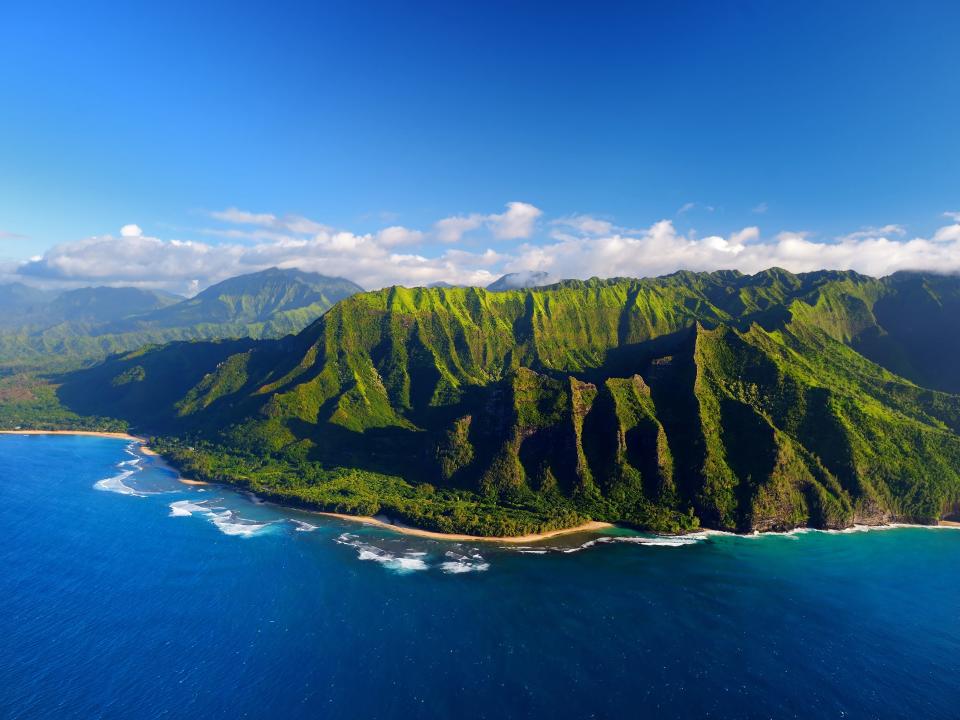 Aerial view of the Na Pali coast in Kauai, Hawaii.