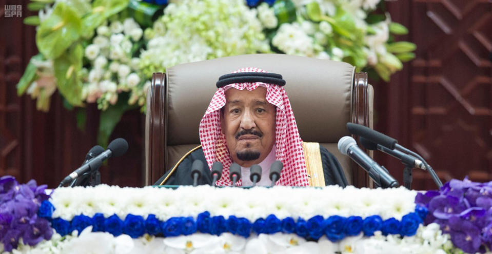 In this photo provided by the Saudi Press Agency, SPA, Saudi King Salman gives his annual policy speech in the ornate hall of the consultative Shura Council, Monday, Nov. 19, 2018, Riyadh, Saudi Arabia. Salman gave his first major speech since the killing of journalist Jamal Khashoggi by Saudi agents, expressing support for his son, the crown prince, and making no mention of the accusations that the prince ordered the killing. Monday’s speech highlighted the kingdom’s priorities for the coming year, focusing on issues such as the war in Yemen, security for Palestinians, stability in the oil market, countering rival Iran and job creation for Saudis. (AP Photo/Saudi Press Agency)