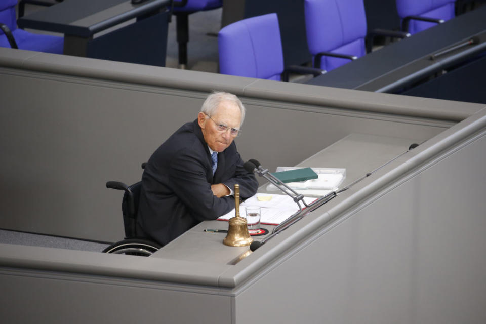 BERLIN, GERMANY - MAY 06: Bundestags President Wolfgang Schaeuble arrives in the plenary hall of Germany's lower house of parliament or Bundestag during a question time on May 6, 2020 in Berlin, Germany. Germany is carefully lifting lockdown measures nationwide in an attempt to raise economic activity.  (Photo by Michele Tantussi/Getty Images)