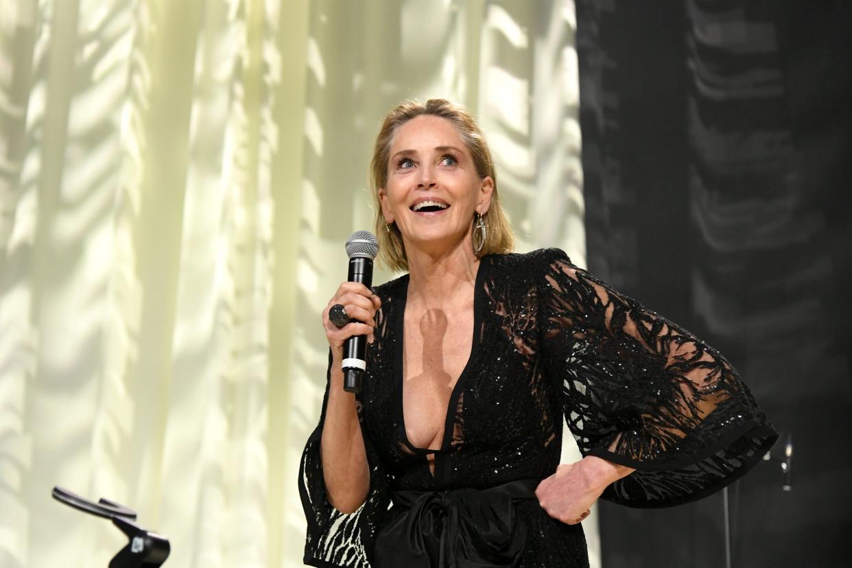 Sharon Stone speaks at the 28th Elton John Aids Foundation party in February 2020: Getty Images