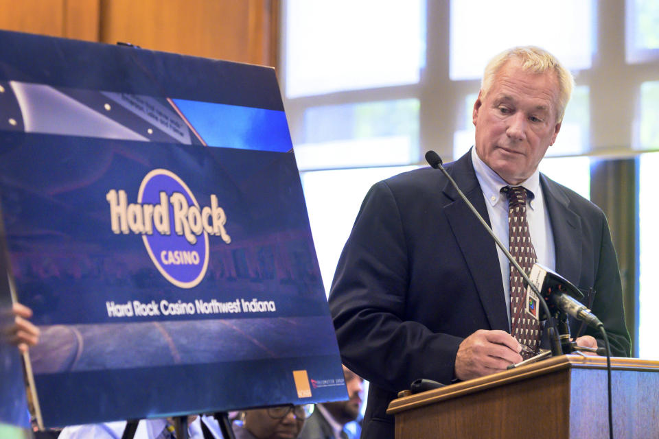 FILE - John Keeler, then-vice president and general counsel for Spectacle Entertainment, addresses the members of the Indiana Gaming Commission in Indianapolis, Aug. 28, 2019. Former Republican Indiana state senator, Brent Waltz, was sentenced Wednesday, Aug. 17, 2022, to 10 months in prison for his role in a scheme that illegally funneled money from a casino company to his unsuccessful 2016 congressional campaign. Keeler's sentencing hearing was also scheduled Wednesday afternoon. Keeler, a lawyer who was a Republican legislator for 16 years in the 1980s and 90s, pleaded guilty in April 2022 to filing a false tax return for claiming as a business expense $41,000 that the casino company paid to a political consultant who prosecutors say made the political contributions through straw donors. (Doug McSchooler/Chicago Tribune via AP, File)