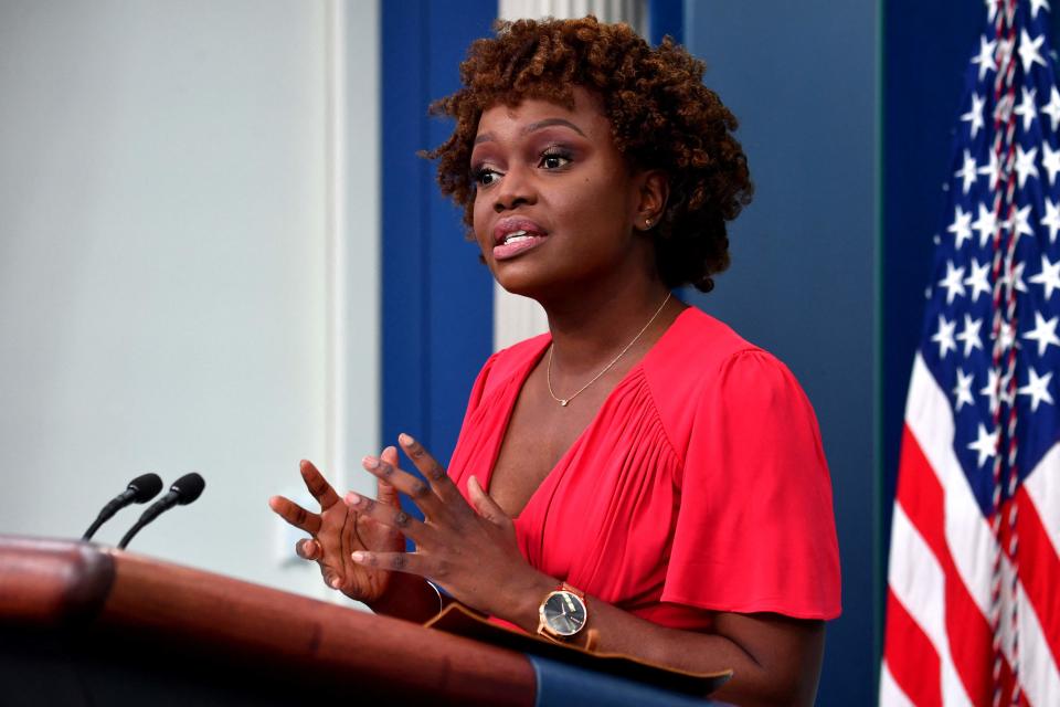 New White House Press Secretary Karine Jean-Pierre speaks to reporters in the James S Brady Press Briefing Room of the White House in Washington, DC, on May 16, 2022. (Photo by Nicholas Kamm / AFP) (Photo by NICHOLAS KAMM/AFP via Getty Images) ORG XMIT: 0 ORIG FILE ID: AFP_32A967R.jpg