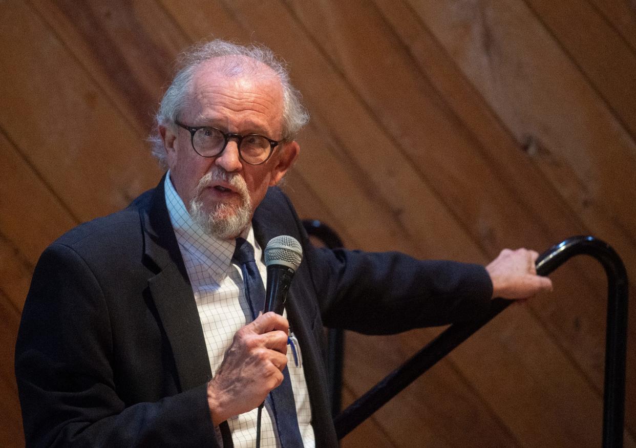 Jackson City Councilman Ashby Foote answers questions from members of the North Ridgewood neighborhood concerning the rise in crime in the area during the North Ridgewood Neighborhood Association town hall meeting at the Agriculture Museum in Jackson, Miss., Thursday, April 22, 2021.