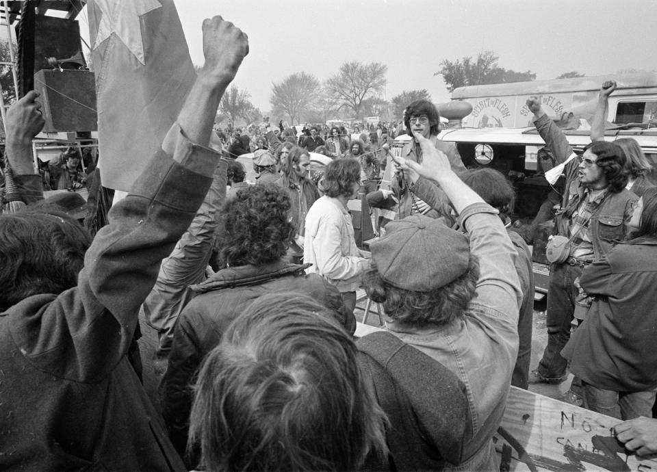 Protest leader Rennie Davis, shown at a demonstration in Washington in May 1971, had promised to remain strictly nonviolent while organizing a ‘Spring Offensive,’ and was reportedly distressed about the Capitol Hill bombings that occurred earlier in March.