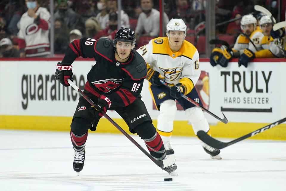 Carolina Hurricanes left wing Teuvo Teravainen (86) skates against the Nashville Predators during the second period in Game 2 of an NHL hockey Stanley Cup first-round playoff series in Raleigh, N.C., Wednesday, May 19, 2021. (AP Photo/Gerry Broome)