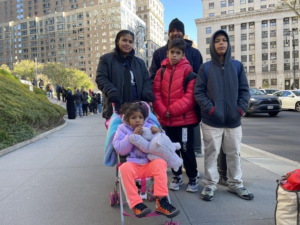 Beberlyn poses for a photo alongside her husband, children and nephew after a check-in appointment with Immigration and Customs Enforcement (ICE) in New York City. / Credit: Camilo Montoya-Galvez