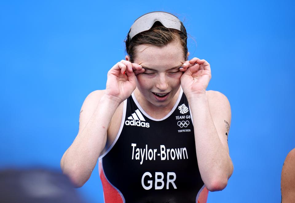 Georgia Taylor-Brown wipes away tears after crossing the line (Danny Lawson/PA) (PA Wire)