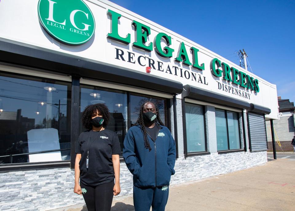 Vanessa Jean-Baptiste, of Brockton, and Mark Bouquet, of Boston, are two of the owners of Legal Greens, a new recreational marijuana dispensary at 75 Pleasant St. in Brockton, pictured on Wednesday, March 17, 2021.