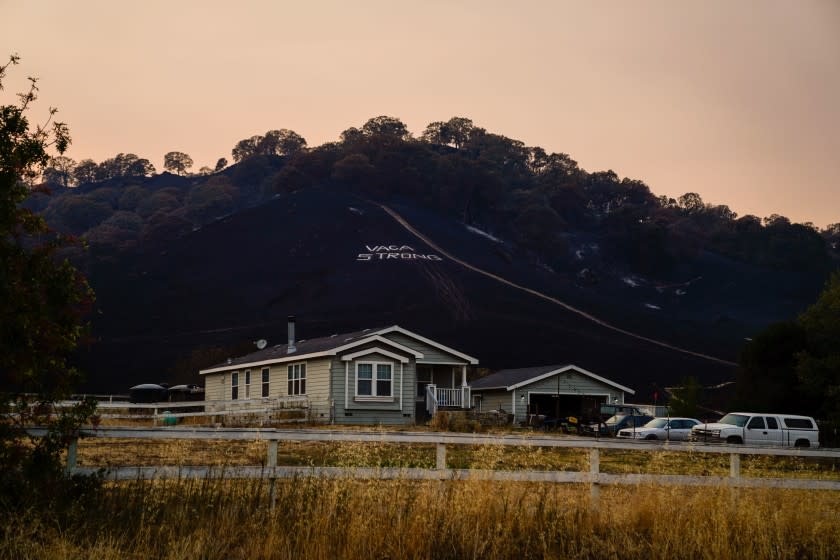 VACAVILLE, CA - AUGUST 24: The phrase "Vaca Strong" is seen on a burnt out hillside along Pleasants Creek Road where the LNU Lightning complex fire tore through late last week, photographed on Monday, Aug. 24, 2020 in Vacaville, CA. (Kent Nishimura / Los Angeles Times)