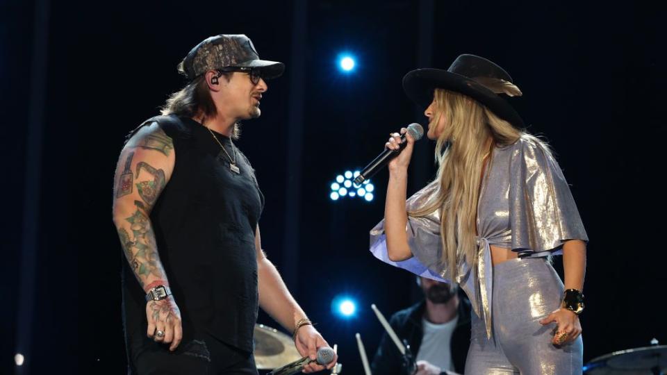 nashville, tennessee june 09 l r hardy and lainey wilson perform on stage during day two of cma fest 2023 at nissan stadium on june 09, 2023 in nashville, tennessee photo by terry wyattwireimage