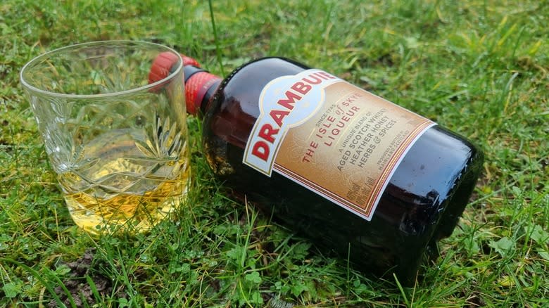 Bottle of Drambuie with glass on grass