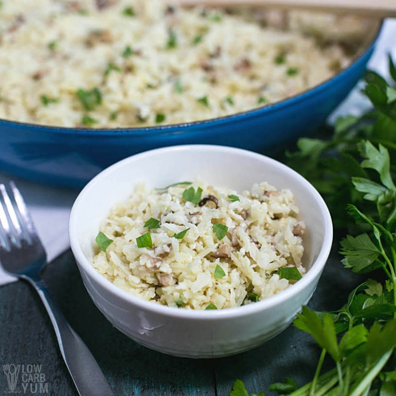 <p>Low Carb Yum</p><p>A paleo-friendly cauliflower rice risotto with mushrooms makes a great low-carb rice substitute. It’s a simple creamy side dish for any keto meal!</p><p><strong>Get the recipe: </strong><a href="https://lowcarbyum.com/cauliflower-rice-risotto/" rel="nofollow noopener" target="_blank" data-ylk="slk:Cauliflower Rice Mushroom Risotto;elm:context_link;itc:0;sec:content-canvas" class="link "><strong>Cauliflower Rice Mushroom Risotto</strong></a></p>