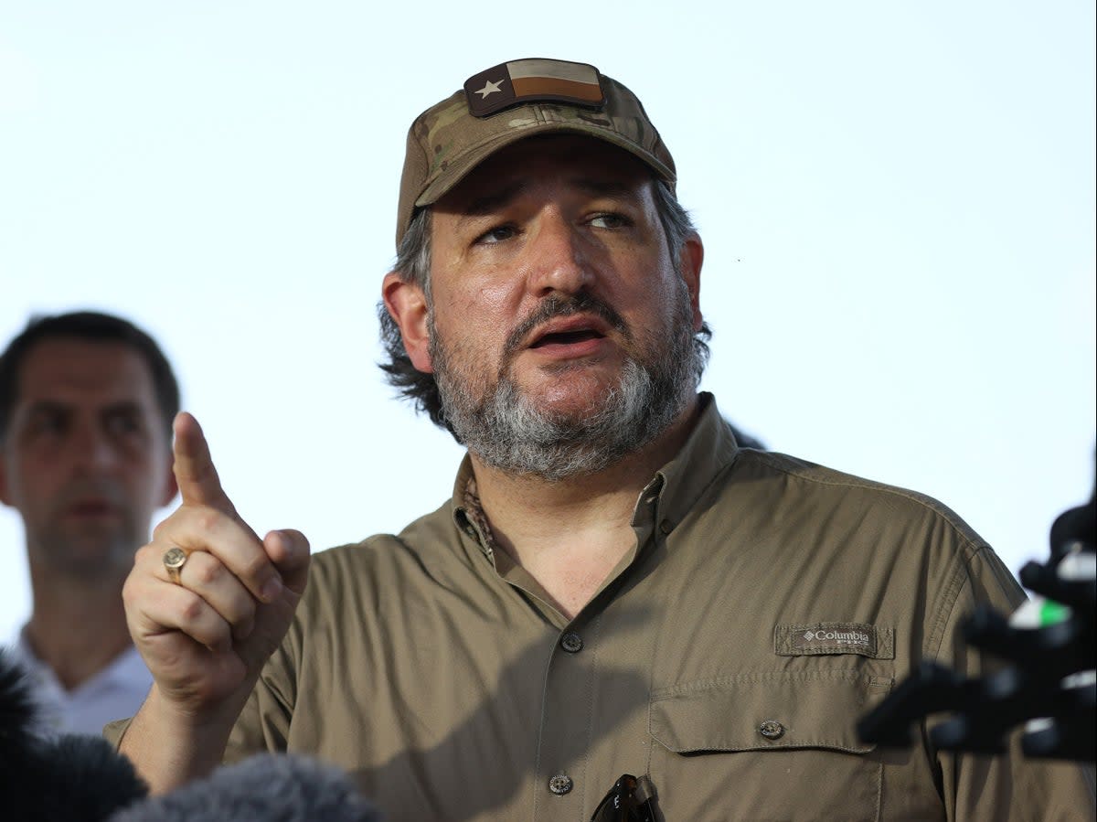 Sen. Ted Cruz (R-TX) speaks to the media after a tour of part of the Rio Grande river on a Texas Department of Public Safety boat on March 26, 2021 in Mission, Texas (Getty Images)