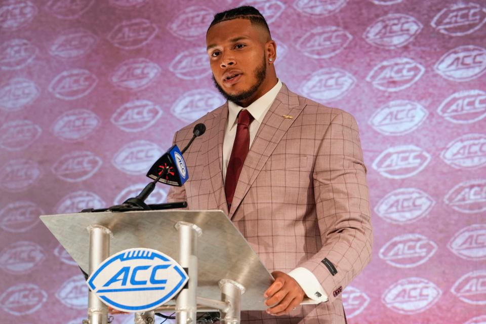 Florida State defensive end Jermaine Johnson II speaks to media during the ACC Kickoff, July 22, 2021 in Charlotte, N.C.