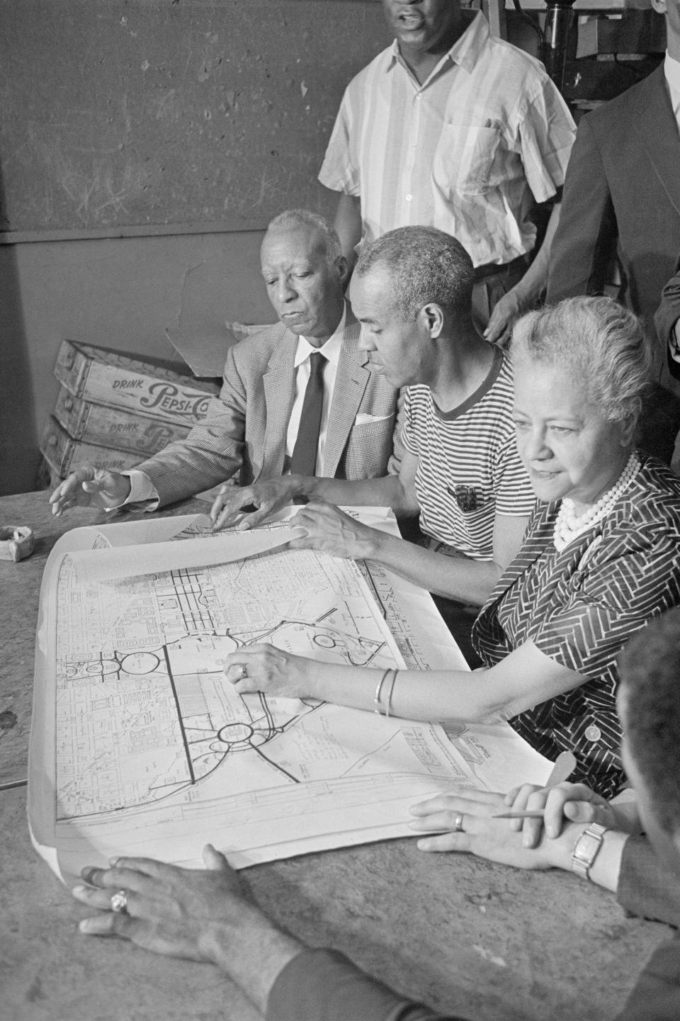 (Left to right): A. Philip Randolph, president of the Brotherhood of Sleeping Car Porters; Roy Wilkins, executive secretary of the National Association for the Advancement of Colored People (NAACP), and Anna Arnold Hedgeman on Aug. 3, 1963.
(Credit: Bettmann Archive via Getty Images)