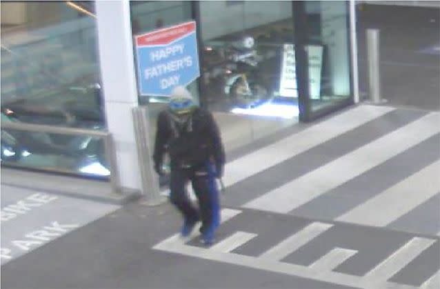 Police are searching for a bandit dressed as Teenage Mutant Ninja Turtle Leonardo, who stole the motorbike from a car dealership in Doncaster earlier in September. Photo: Victoria Police