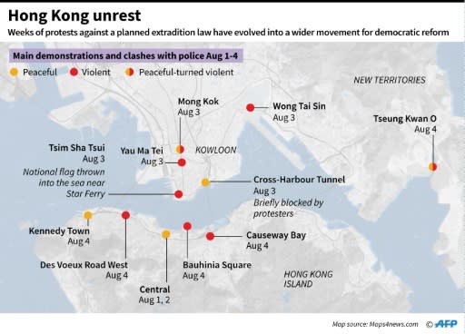 Map of Hong Kong, highlighting the areas of main protests and clashes between August 1-4