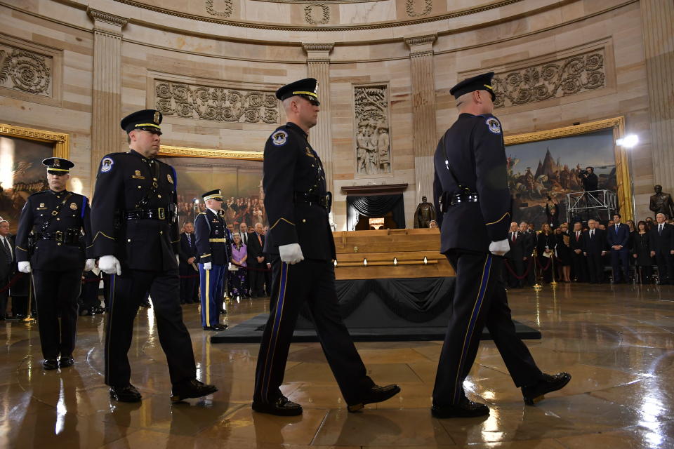 <p>The casket of evangelist Billy Graham arrives at the U.S. Capitol Rotunda on Feb. 28, 2018 in Washington. (Photo: Mandel Ngan/AFP/Getty Images) </p>