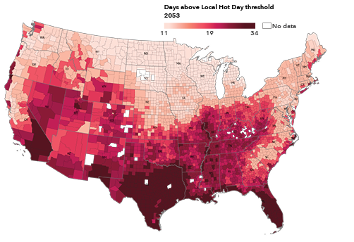 This First Street Foundation map shows counties that could see the biggest increases in their hottest days by 2053.