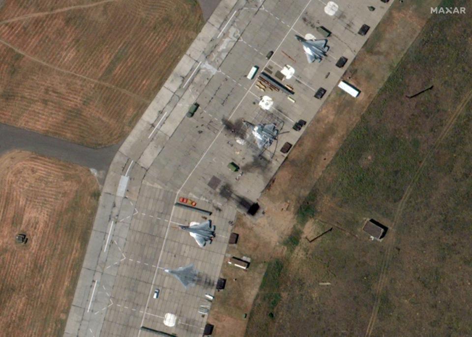 A Maxar satellite image taken June 8 after the attack shows damage to one and possibly two Su-57 Felon new generation fighters. <em>Satellite image ©2024 Maxar Technologies</em>