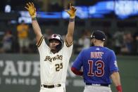 Milwaukee Brewers' Pedro Severino reacts after hitting an RBI double during the seventh inning of a baseball game against the Chicago Cubs Monday, July 4, 2022, in Milwaukee. (AP Photo/Morry Gash)