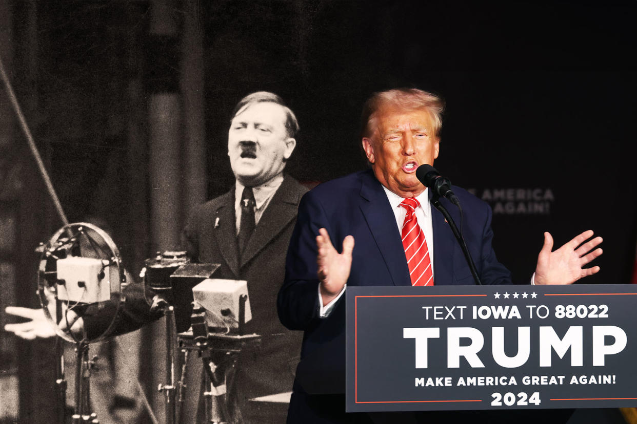 Adolf Hitler and Donald Trump, speechifying Photo illustration by Salon/Getty Images