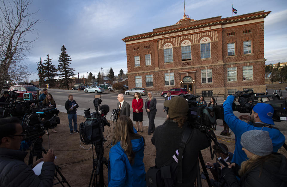 District Attorney Dan May speaks to the media outside the Teller County Courthouse in Cripple Creek, Colo., Monday, Nov. 18, 2019, after Patrick Frazee was found guilty for the murder of his fiancee, Kelsey Berreth, the mother of his toddler daughter. Frazee was given life without parole plus 156 years in prison. (Christian Murdock/The Gazette via AP)