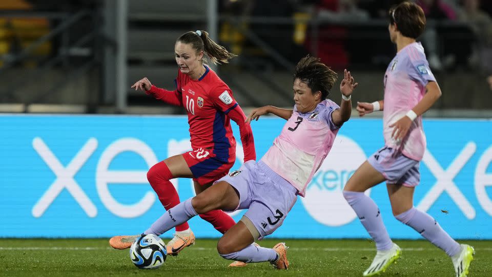 Moeka Minami challenges for the ball against Norway. - Jose Breton/Pics Action/NurPhoto/Getty Images