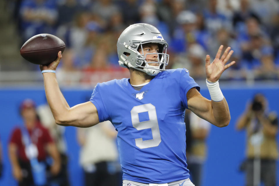 Detroit Lions quarterback Matthew Stafford throws during the first half of an NFL football game against the Kansas City Chiefs, Sunday, Sept. 29, 2019, in Detroit. (AP Photo/Paul Sancya)