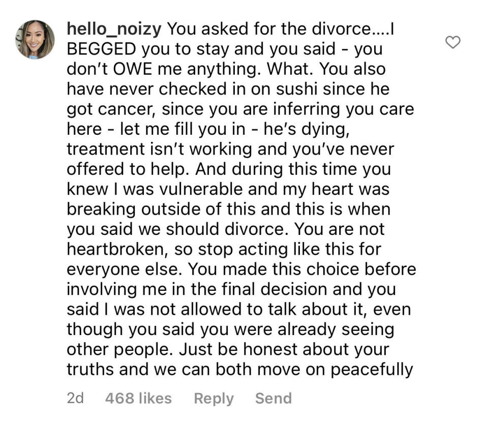 A long comment in which Noi says the divorce was Steve's decision and he hasn't checked on her while her pet has cancer