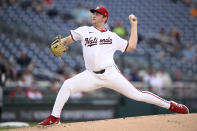 Washington Nationals starting pitcher Mitchell Parker throws during the second inning of a baseball game against the Minnesota Twins, Monday, May 20, 2024, in Washington. (AP Photo/Nick Wass)