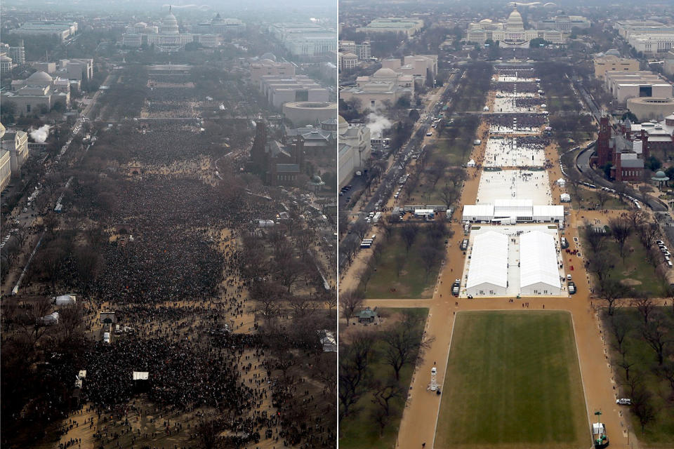 <p>Edited and unedited images of Donald Trump's January 2017 inauguration, side by side. </p> <p>In one of the earlier dishonest moments of his presidential career, <a href="https://people.com/politics/trump-requested-inauguration-photos-cropped-report/" rel="nofollow noopener" target="_blank" data-ylk="slk:it came out;elm:context_link;itc:0;sec:content-canvas" class="link ">it came out</a> that a photographer employed by the U.S. government allegedly edited — at <a href="https://people.com/tag/donald-trump/" rel="nofollow noopener" target="_blank" data-ylk="slk:President Donald Trump;elm:context_link;itc:0;sec:content-canvas" class="link ">President Donald Trump</a>‘s request — official inauguration photos so the number of attendees would appear greater, <a href="https://www.theguardian.com/world/2018/sep/06/donald-trump-inauguration-crowd-size-photos-edited" rel="nofollow noopener" target="_blank" data-ylk="slk:The Guardian reported.;elm:context_link;itc:0;sec:content-canvas" class="link "><em>The Guardian</em> reported. </a>According to documents obtained by the outlet — investigative reports compiled by the inspector general of the Department of the Interior — the president was allegedly displeased that his crowd appeared smaller than the one at former President <a href="https://people.com/tag/barack-obama/" rel="nofollow noopener" target="_blank" data-ylk="slk:Barack Obama;elm:context_link;itc:0;sec:content-canvas" class="link ">Barack Obama</a>‘s 2009 inauguration.</p>  