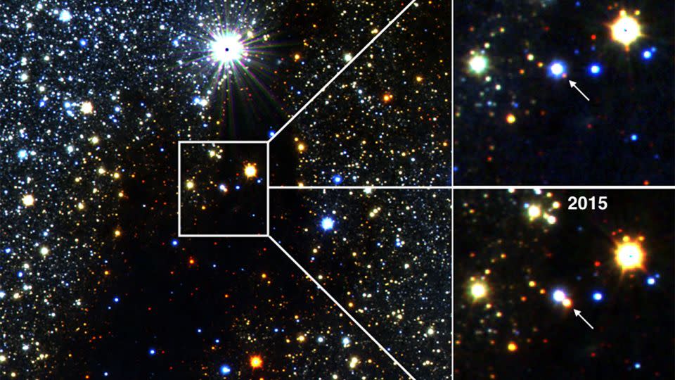 Astronomers used an infrared telescope to spy a star that gradually grew 40 times brighter over two years, and has been bright since 2015.  - Philip Lucas/University of Hertfordshire